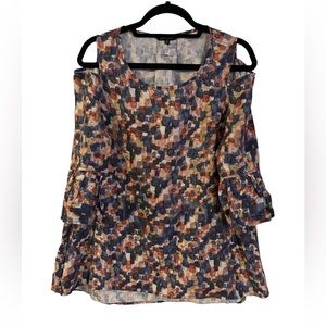 JOHN.MARK Small 100% Linen 3/4 Ruffle Sleeve Cold Shoulder Blouse Top